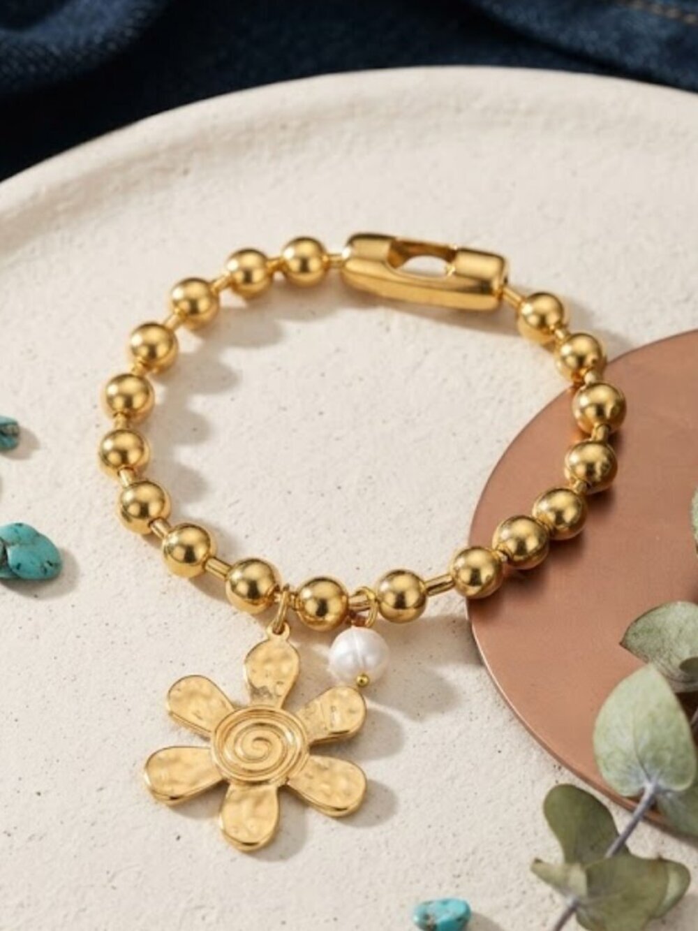 Gold Bead Bracelet Hammered Flower Charm Pearl Chunky Stretch 24K Plated Steel